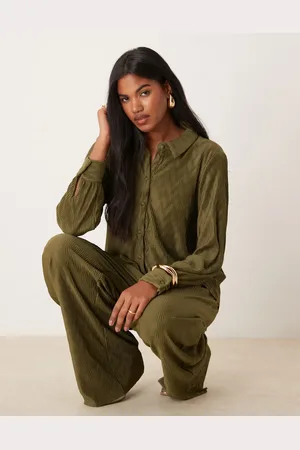 VILA Plisse shirt co-ord in dark olive