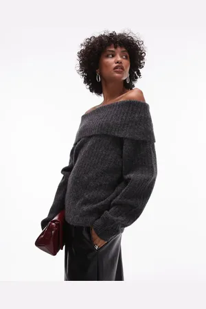 ARKET Alpaca wool blend sweater with fold over off shoulder in dark