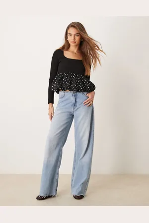 Glamorous Square neck long sleeve top with puffball hem in polka dot