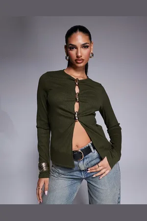 ASOS Rib long sleeve top with gold button detail in khaki