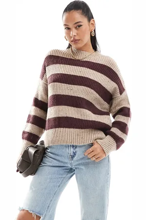 Pull&Bear Marl effect knit jumper in burgundy & sand stripe
