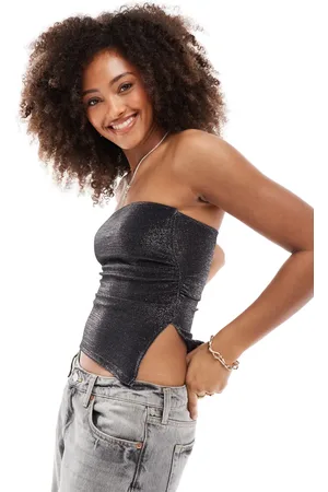 Bershka Ruched side glitter bandeau top in
