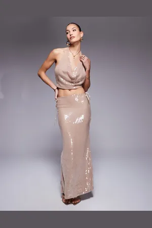 Missyempire Extreme cowl front halter crop top co-ord in cream glazed sequin