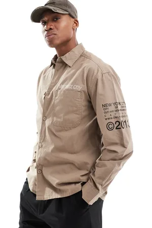 Only & Sons Relaxed shirt with NYC prints in beige