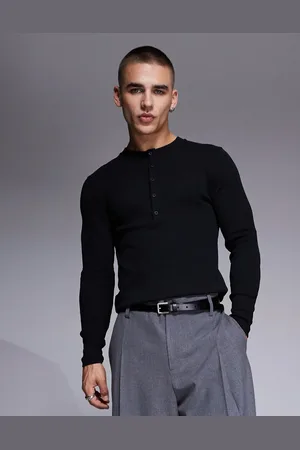 ASOS Muscle fit long sleeve rib t-shirt with henley neck in