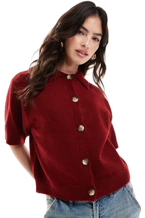 ASOS Knitted shirt collar short sleeve cardigan in burgundy