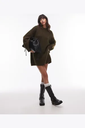 Topshop Knitted oversized crew mini dress with exposed seam detail in khaki