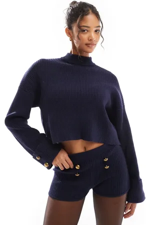 Bershka Gold button detail high neck jumper co-ord in navy