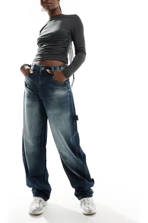 Bershka Adjustable waist carpenter jeans in acid wash blue