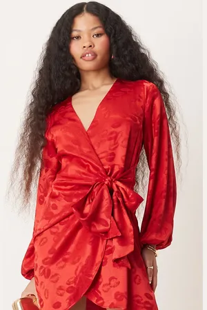 Never Fully Dressed Petite lip embossed satin wrap mini dress in