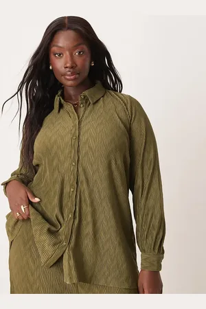 VILA Plisse shirt co-ord in dark olive