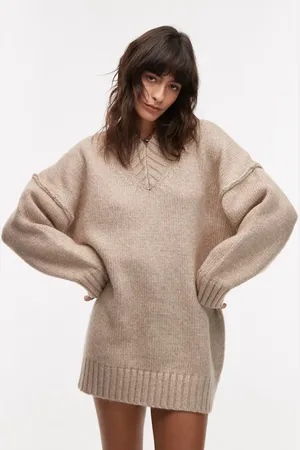 Topshop Knitted high v-neck mini oversized dress in oat