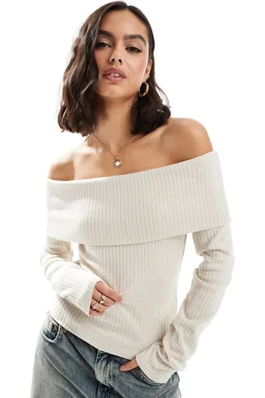 Brave Soul Ribbed off shoulder jumper in cream