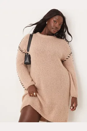 VILA Knitted jumper mini dress with contrast stitch in beige