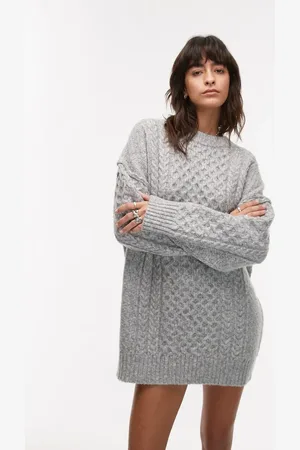 Topshop Knitted all over cable oversived mini dress in light marl