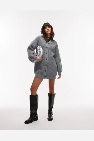 Topshop Knitted high v-neck fluffy cardigan dress in charcoal