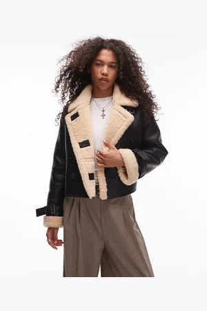 Topshop Faux leather borg shearling cropped aviator jacket in