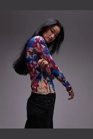 Topshop Crinkle watercolour floral long sleeve top in