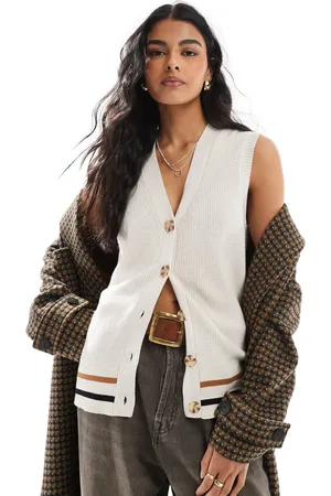 Object Intarsia knit longline waistcoat in oatmeal