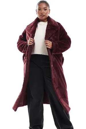Yours Plush faux fur maxi coat in berry