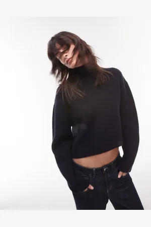 & OTHER STORIES Wool knitted rib funnel neck sweater with split back neck and volume sleeves in dark