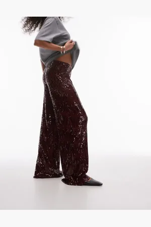 Topshop Sequin wide leg trouser in burgundy