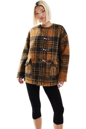 Native Youth Boucle toggle detail checked coat in and navy