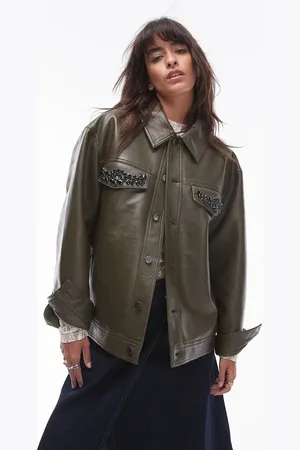 Topshop Faux leather centre front embellished jacket in khaki