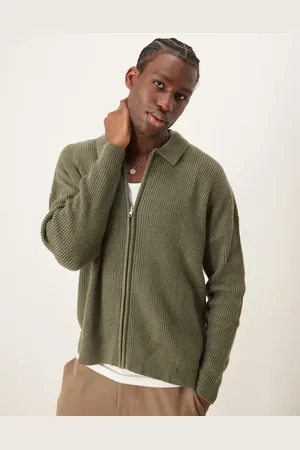 ASOS Oversized ribbed knitted zip through cardigan with collar in khaki