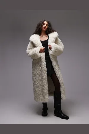 Topshop Faux fur duffle hooded long coat in cream