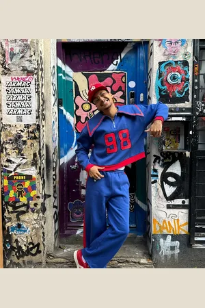 Labelrail X OliBrom straight leg joggers in blue and red co-ord