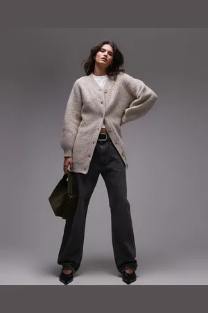 Topshop Knitted high v-neck fluffy cardigan dress in oat