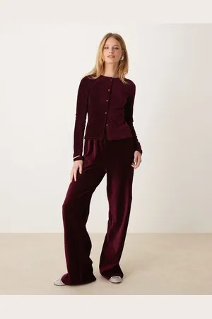 ASOS Wide leg velvet cord trousers in burgundy