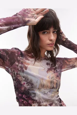& OTHER STORIES Mesh jersey long sleeve top with thumbhole detail in landscape print