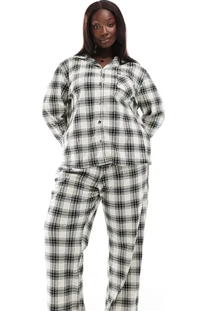 Loungeable Curve check micro fleece button long sleeve pyjama set in cream/ black