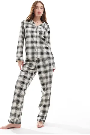 Loungeable Check micro fleece button long sleeve pyjama set in cream/ black