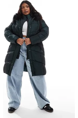Yours Longline padded coat with faux fur hood in dark