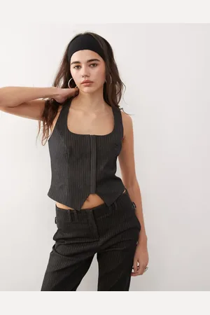 COLLUSION Hook and eye pinstripe halter top in black