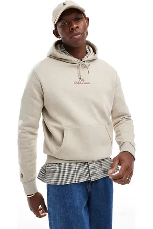 Ralph Lauren Central script logo double knit hoodie in beige marl