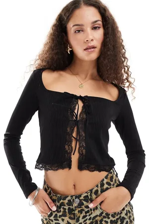 COLLUSION Tie front long sleeve lace trim rib top black