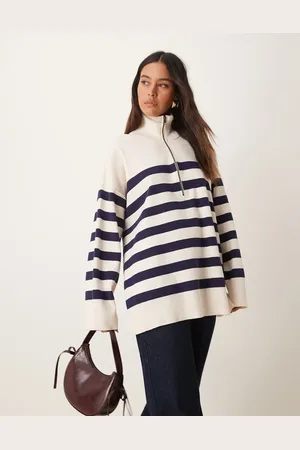 Free People Stripe half-zip sweater in navy and white