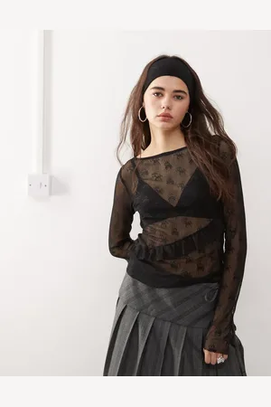 COLLUSION Long sleeve branded lace sheer top in