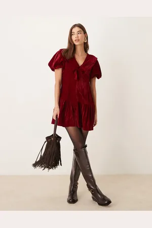 Neon Rose Velvet collar detail mini dress in burgundy