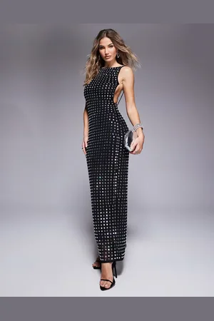 ASOS Square hotfix high neck minimal maxi dress with low back in black