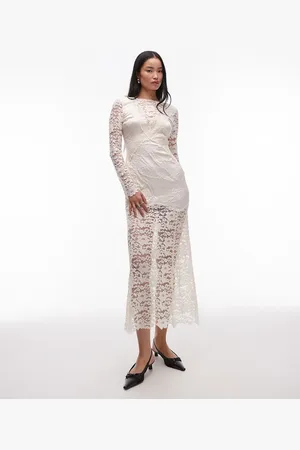 Topshop Long sleeve vintage crinkle satin and lace mix maxi dress in ivory