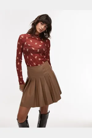 Topshop High neck crinkle ditsy print long sleeve top in burgundy