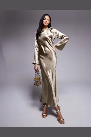 In The Style X Hannah liquid satin bias cut open max detail maxi dress in bronze