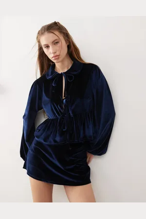 Reclaimed Velvet tie front party top co-ord in navy