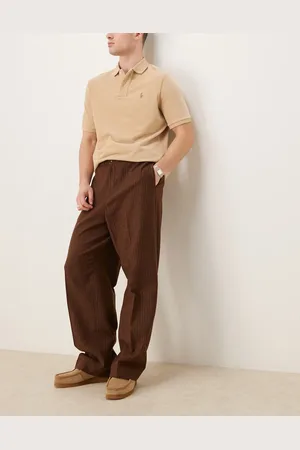 ASOS Pull on smart wool mix wide leg elasticated trousers in camel pinstripe