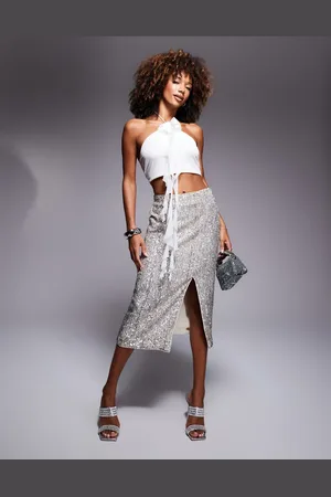 Morgan Sequin thigh split midi skirt in silver